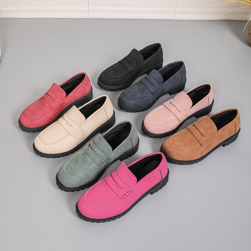 Sieviešu velūra slip-on loaferi ar apaļu purnu, biezu papēdi, gumijas zole