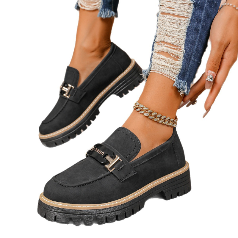 Sieviešu velūra slip-on loaferi ar apaļu purnu, biezu papēdi, gumijas zole