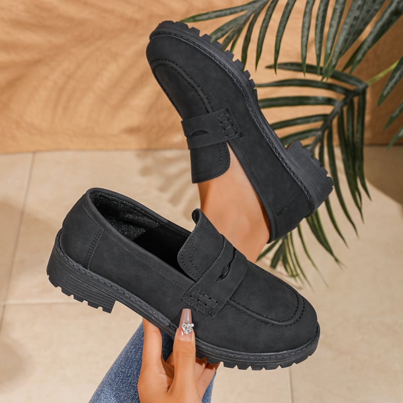 Sieviešu velūra slip-on loaferi ar apaļu purnu, biezu papēdi, gumijas zole