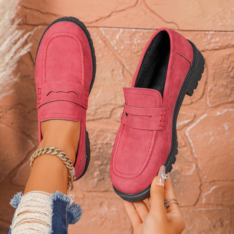 Sieviešu velūra slip-on loaferi ar apaļu purnu, biezu papēdi, gumijas zole