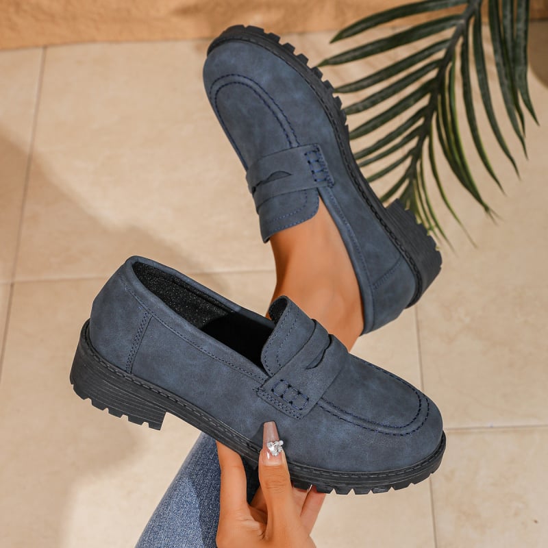 Sieviešu velūra slip-on loaferi ar apaļu purnu, biezu papēdi, gumijas zole