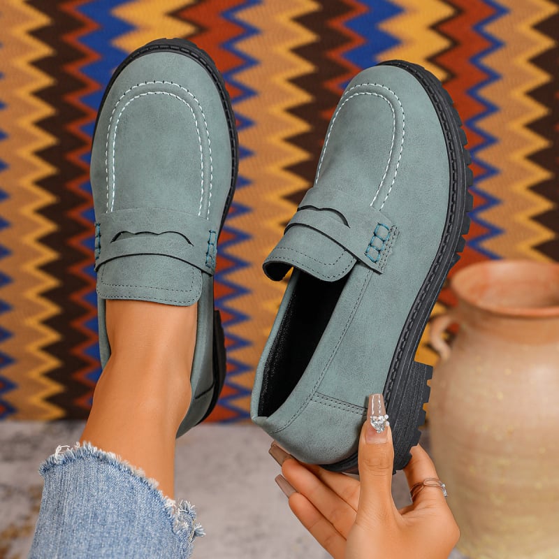 Sieviešu velūra slip-on loaferi ar apaļu purnu, biezu papēdi, gumijas zole