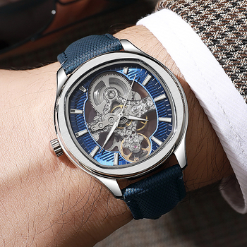 Muški automatski mehanički sat sa skelet dizajnom i dvostrano prozirnim stražnjim poklopcem; kućište od legure, PU kaiš, špiralna kruna, mineralno ojačano staklo