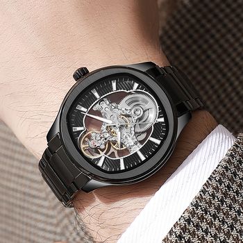 Muški automatski mehanički sat sa skelet dizajnom i dvostrano prozirnim stražnjim poklopcem; kućište od legure, PU kaiš, špiralna kruna, mineralno ojačano staklo