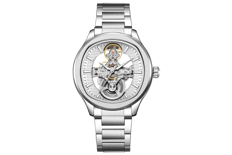 Muški automatski mehanički sat sa skelet dizajnom i dvostrano prozirnim stražnjim poklopcem; kućište od legure, PU kaiš, špiralna kruna, mineralno ojačano staklo