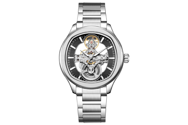 Muški automatski mehanički sat sa skelet dizajnom i dvostrano prozirnim stražnjim poklopcem; kućište od legure, PU kaiš, špiralna kruna, mineralno ojačano staklo