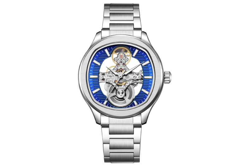 Muški automatski mehanički sat sa skelet dizajnom i dvostrano prozirnim stražnjim poklopcem; kućište od legure, PU kaiš, špiralna kruna, mineralno ojačano staklo