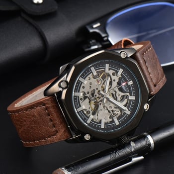 Longlux Automatski Skeleton Sat za Muškarce, Remen od Umjetne Kože, Vodootporan do 30m, Prozirni Stražnji Poklopac, Mehanički Pokret