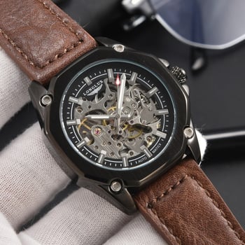 Longlux Automatski Skeleton Sat za Muškarce, Remen od Umjetne Kože, Vodootporan do 30m, Prozirni Stražnji Poklopac, Mehanički Pokret