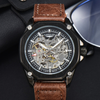 Longlux Automatski Skeleton Sat za Muškarce, Remen od Umjetne Kože, Vodootporan do 30m, Prozirni Stražnji Poklopac, Mehanički Pokret