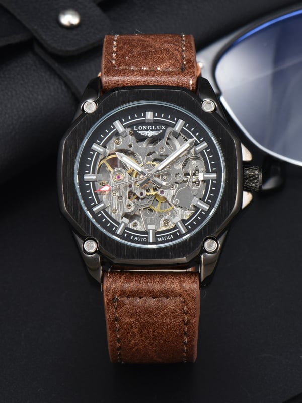 Longlux Automatski Skeleton Sat za Muškarce, Remen od Umjetne Kože, Vodootporan do 30m, Prozirni Stražnji Poklopac, Mehanički Pokret