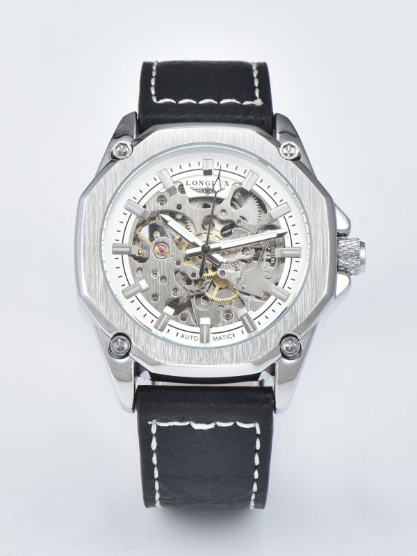 Longlux Automatski Skeleton Sat za Muškarce, Remen od Umjetne Kože, Vodootporan do 30m, Prozirni Stražnji Poklopac, Mehanički Pokret