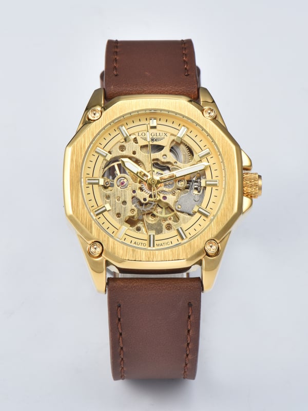 Longlux Automatski Skeleton Sat za Muškarce, Remen od Umjetne Kože, Vodootporan do 30m, Prozirni Stražnji Poklopac, Mehanički Pokret