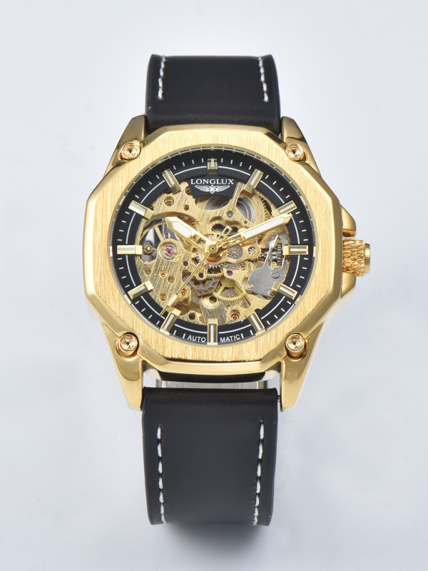 Longlux Automatski Skeleton Sat za Muškarce, Remen od Umjetne Kože, Vodootporan do 30m, Prozirni Stražnji Poklopac, Mehanički Pokret