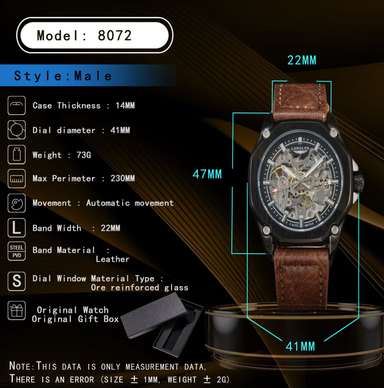 Longlux Automatski Skeleton Sat za Muškarce, Remen od Umjetne Kože, Vodootporan do 30m, Prozirni Stražnji Poklopac, Mehanički Pokret