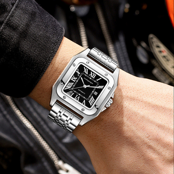 Vyriskas automatinis mechaninis laikrodis, safyro stiklas, 50 m atsparumas vandeniui, tikras odinis dirželis, metalinis korpusas