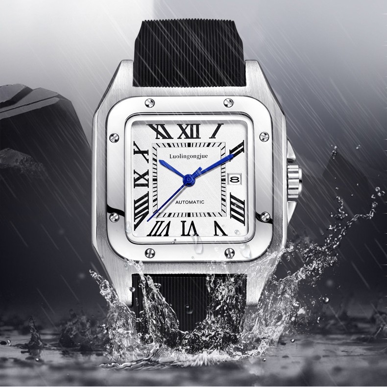 Vyriskas automatinis mechaninis laikrodis, safyro stiklas, 50 m atsparumas vandeniui, tikras odinis dirželis, metalinis korpusas