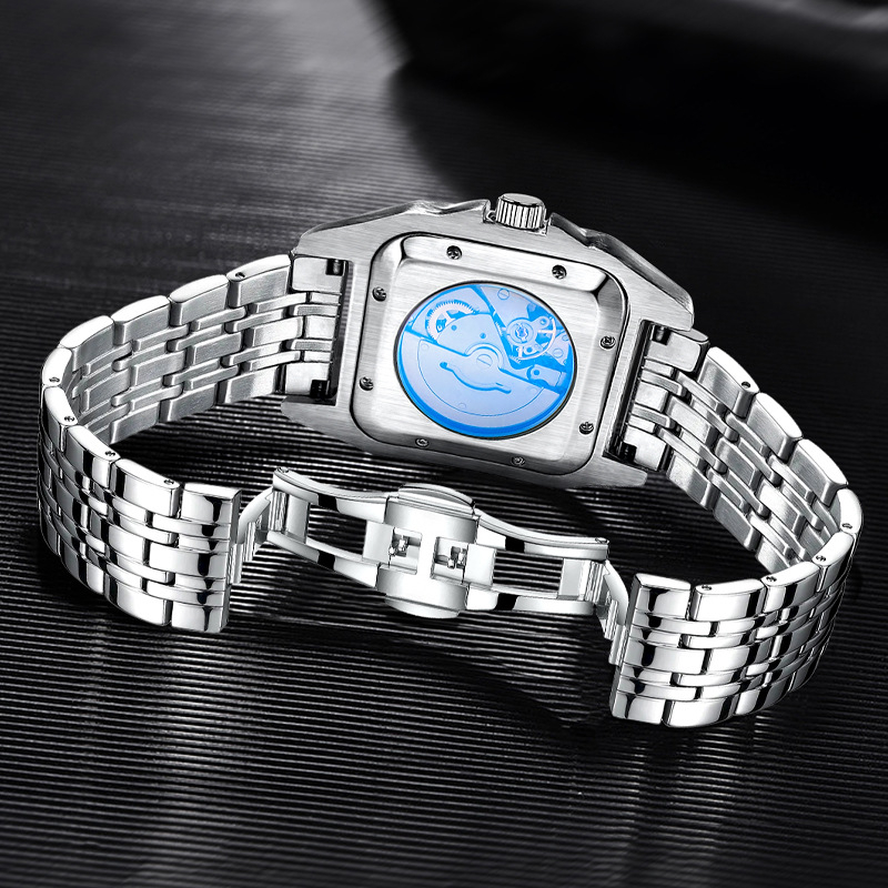 Vyriskas automatinis mechaninis laikrodis, safyro stiklas, 50 m atsparumas vandeniui, tikras odinis dirželis, metalinis korpusas