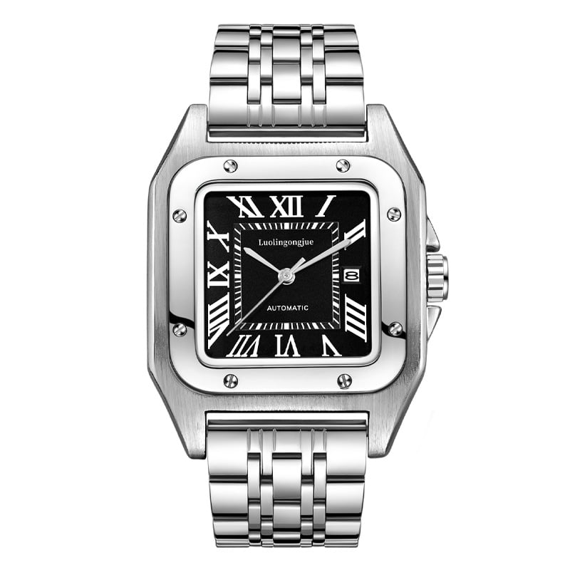 Vyriskas automatinis mechaninis laikrodis, safyro stiklas, 50 m atsparumas vandeniui, tikras odinis dirželis, metalinis korpusas