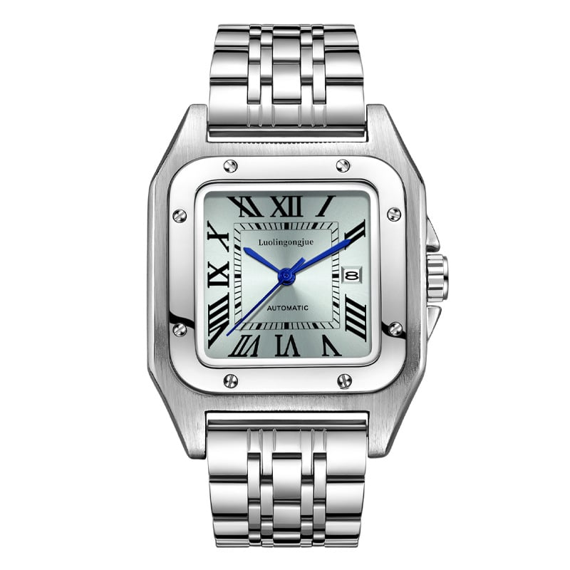 Vyriskas automatinis mechaninis laikrodis, safyro stiklas, 50 m atsparumas vandeniui, tikras odinis dirželis, metalinis korpusas