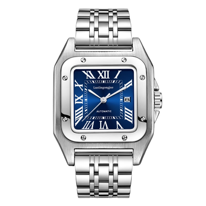 Vyriskas automatinis mechaninis laikrodis, safyro stiklas, 50 m atsparumas vandeniui, tikras odinis dirželis, metalinis korpusas