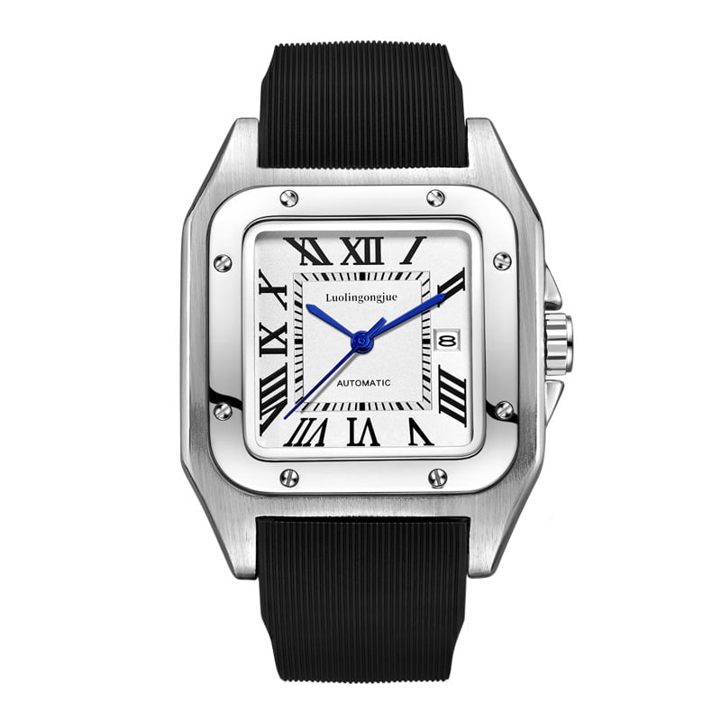 Vyriskas automatinis mechaninis laikrodis, safyro stiklas, 50 m atsparumas vandeniui, tikras odinis dirželis, metalinis korpusas