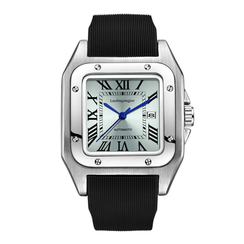 Vyriskas automatinis mechaninis laikrodis, safyro stiklas, 50 m atsparumas vandeniui, tikras odinis dirželis, metalinis korpusas