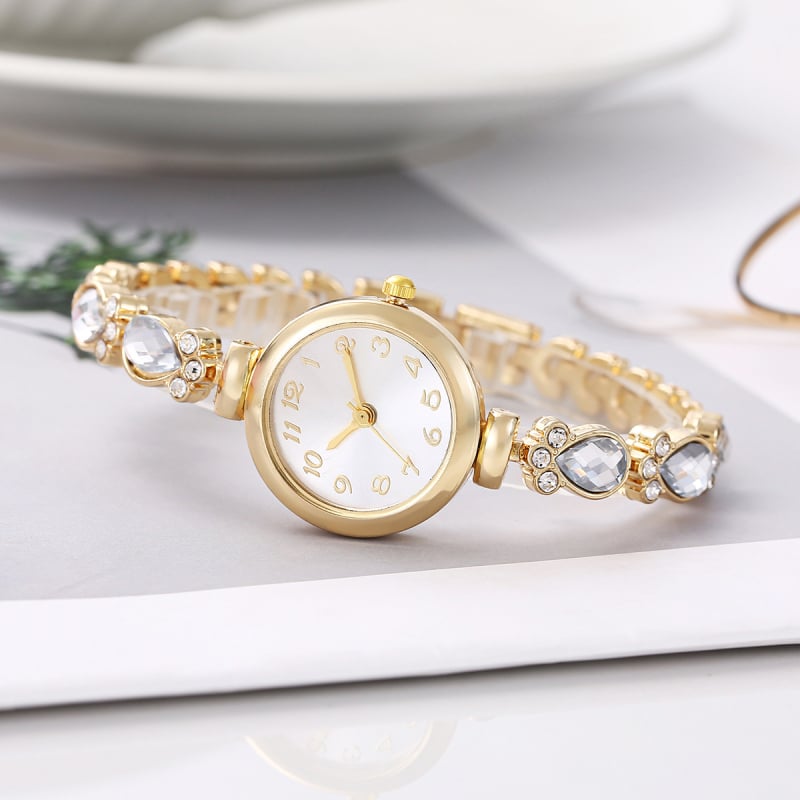 Női karkötőóra gyémántokkal - kvarc működés, kör alakú számlap, ötvözetes tokkal, ötvözetes szíjjal, spirál koronával