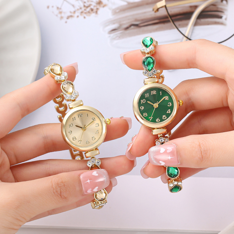 Női karkötőóra gyémántokkal - kvarc működés, kör alakú számlap, ötvözetes tokkal, ötvözetes szíjjal, spirál koronával