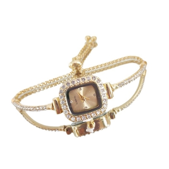 Ženski kvarcni sat s dekorativnim kamenčićima i svjetskim vremenom; metalno kućište i kaiš, okrugli brojčanik, leptir kopča