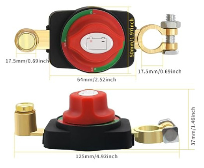Automašīnas akumulatora pozitīvā pola pagarinājuma kabelis ar augstas strāvas galveno naža tipa slēdzi, 125 mm