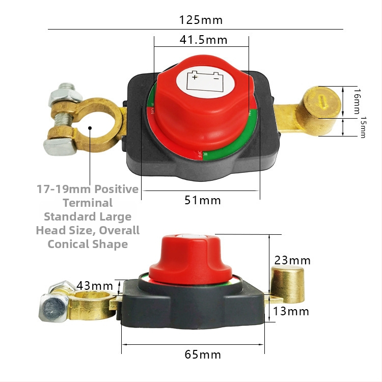 Automašīnas akumulatora pozitīvā pola pagarinājuma kabelis ar augstas strāvas galveno naža tipa slēdzi, 125 mm