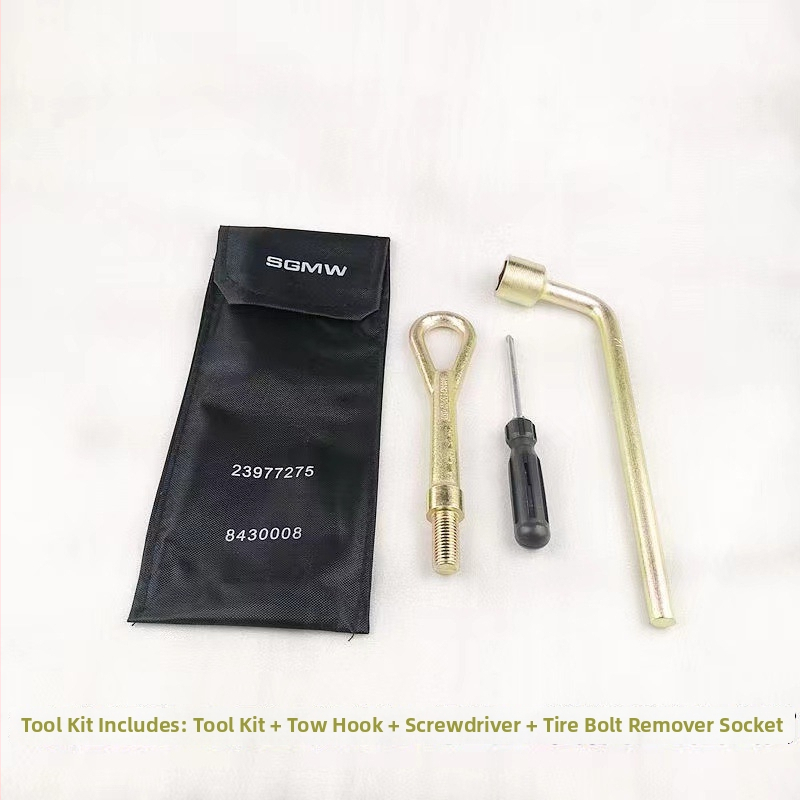 Automobiļa instrumentu komplekts: riepu atslēga, vilkšanas āķis, piekabes āķis, riepu manšete