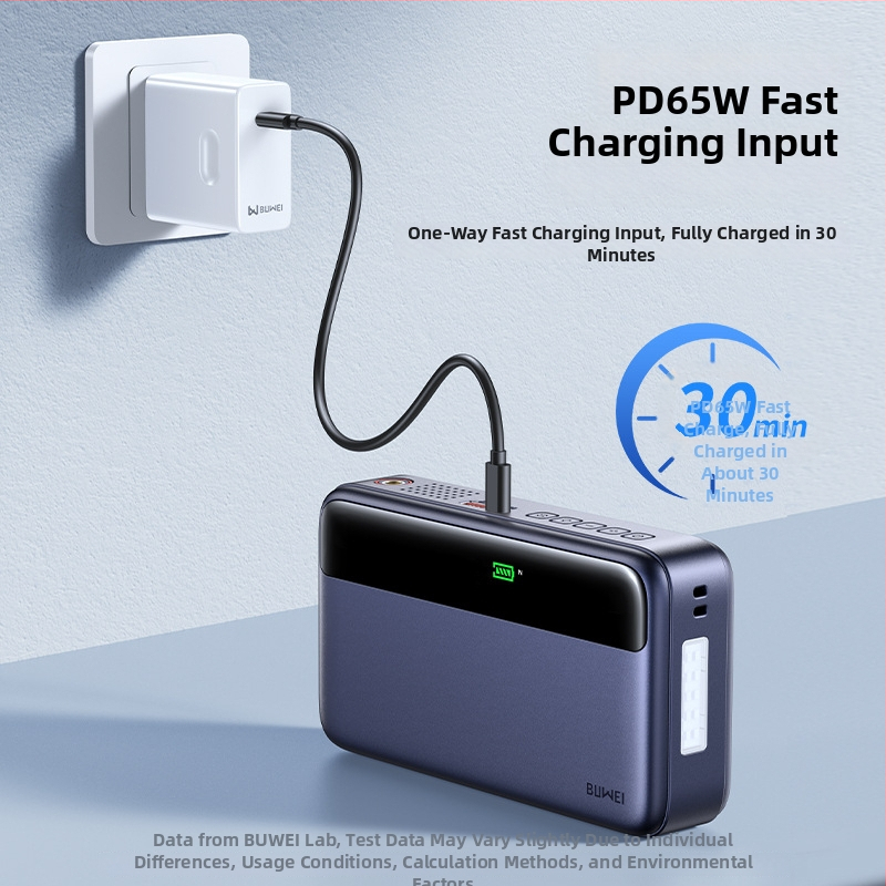 Automobiļu ārkārtas enerģijas avots ar integrētu gaisa sūteni un pūtēju, viss‑viens: akumulatora iedarbināšana, uzlāde un piepūšana — Zīmols: Buwei; Materiāls: PC/ABS; Pielāgošana: Jā; Privāts zīmols pieejams