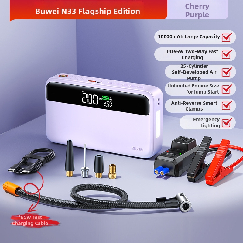 Automobiļu ārkārtas enerģijas avots ar integrētu gaisa sūteni un pūtēju, viss‑viens: akumulatora iedarbināšana, uzlāde un piepūšana — Zīmols: Buwei; Materiāls: PC/ABS; Pielāgošana: Jā; Privāts zīmols pieejams