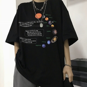 Majica s printom planete, korejski gradski stil, labav kroj, okrugli izrez, poliester