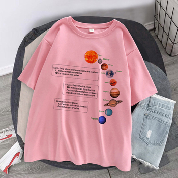Majica s printom planete, korejski gradski stil, labav kroj, okrugli izrez, poliester