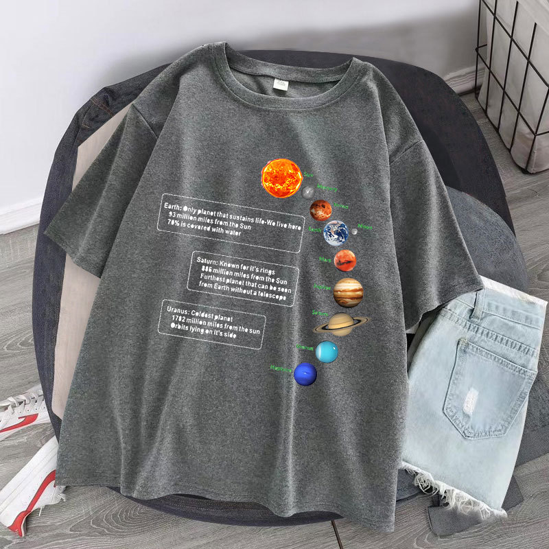 Majica s printom planete, korejski gradski stil, labav kroj, okrugli izrez, poliester
