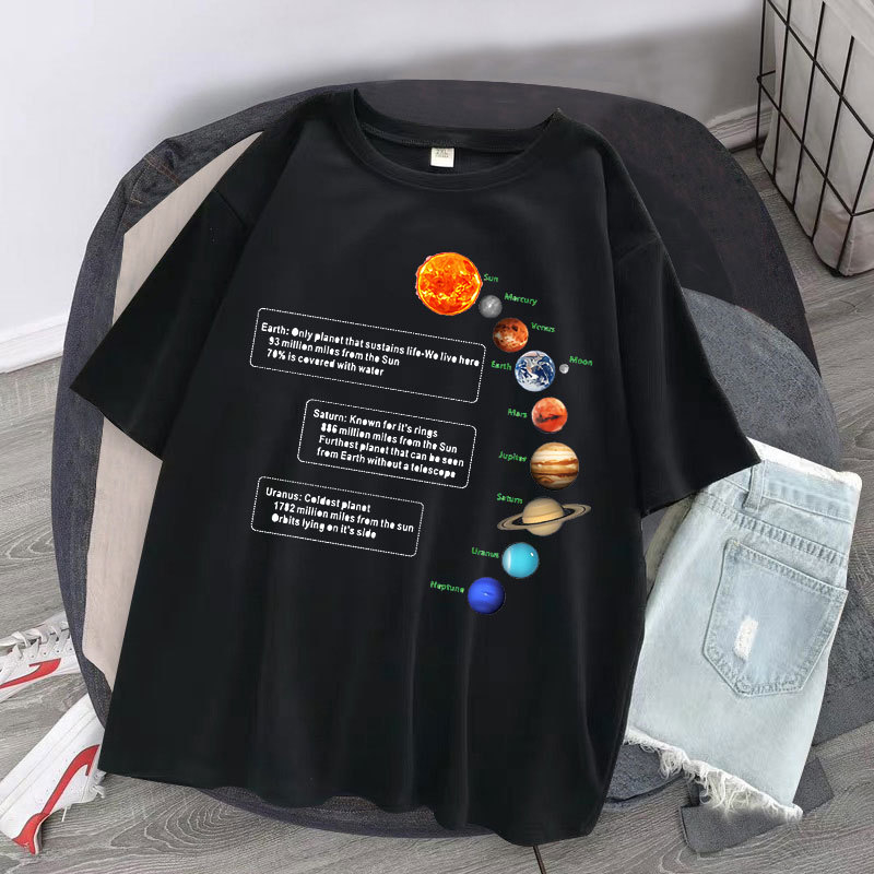 Majica s printom planete, korejski gradski stil, labav kroj, okrugli izrez, poliester