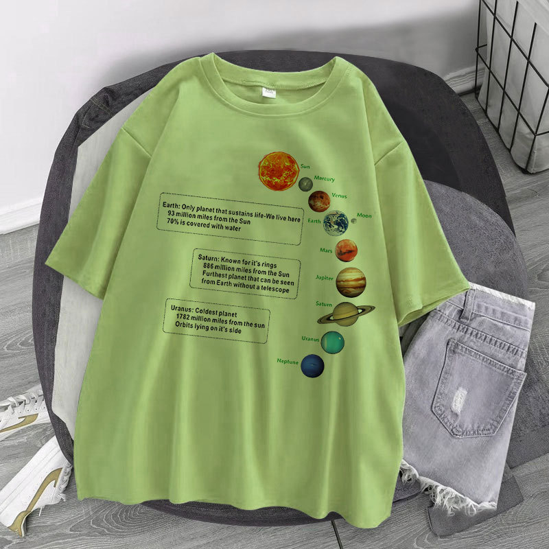 Majica s printom planete, korejski gradski stil, labav kroj, okrugli izrez, poliester