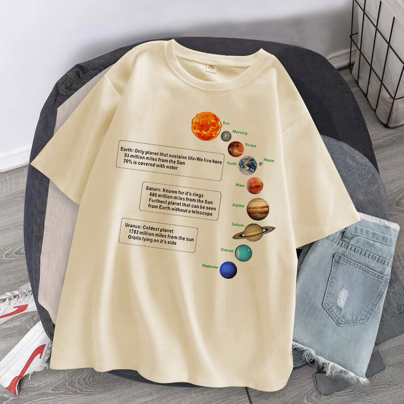 Majica s printom planete, korejski gradski stil, labav kroj, okrugli izrez, poliester