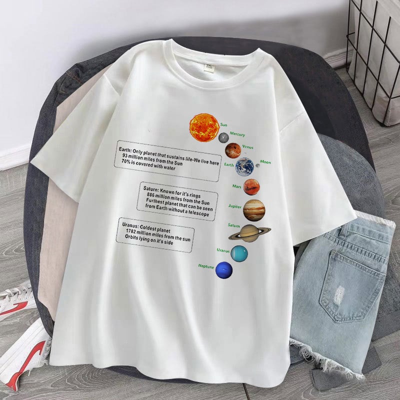 Majica s printom planete, korejski gradski stil, labav kroj, okrugli izrez, poliester