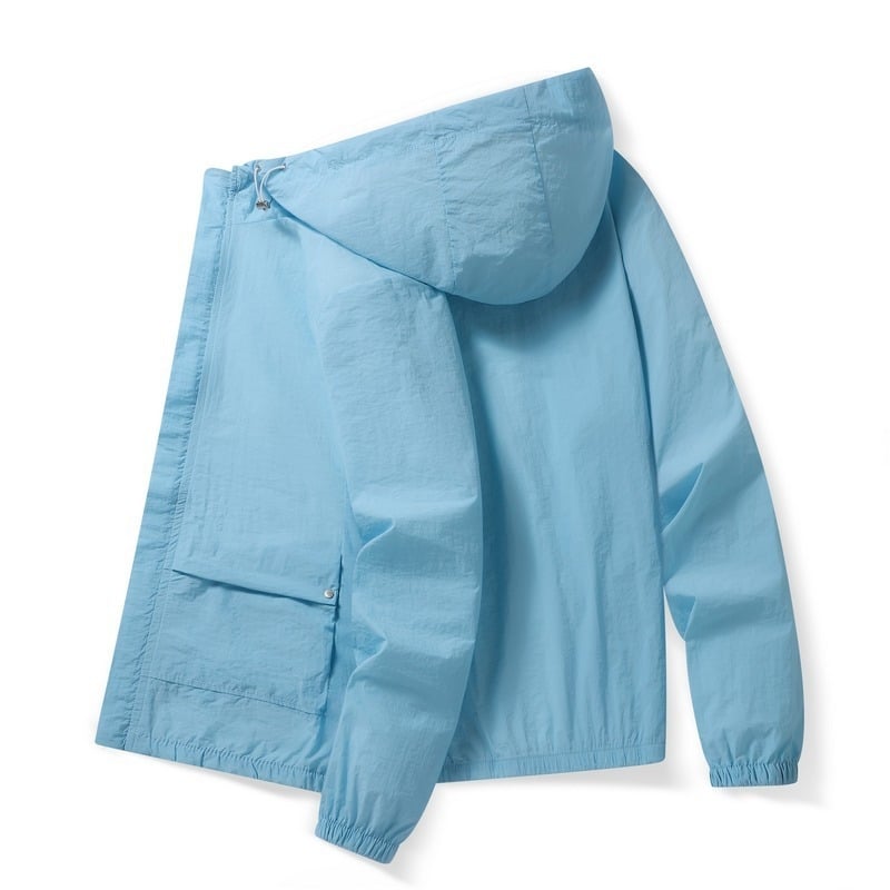 Vīriešu vasaras kapucēta jaka no vieglas auduma ar UPF50+ UV aizsardzību, kabatas ar rāvējslēdzējiem, spilgts raksts