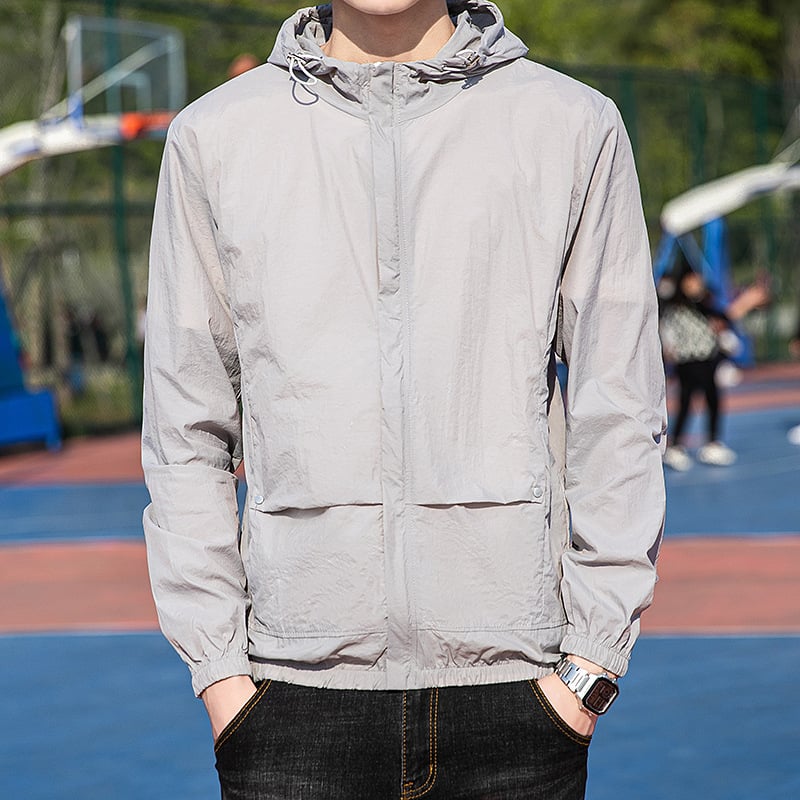 Vīriešu vasaras kapucēta jaka no vieglas auduma ar UPF50+ UV aizsardzību, kabatas ar rāvējslēdzējiem, spilgts raksts