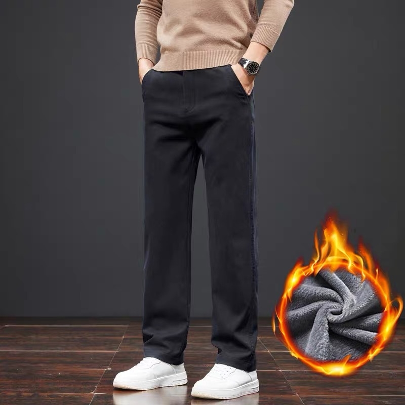 Muške casual hlače s ravnim krojem, zimska flis podstava, Lyocell 90% tkanina, elastičan materijal, srednji pojas, zip.