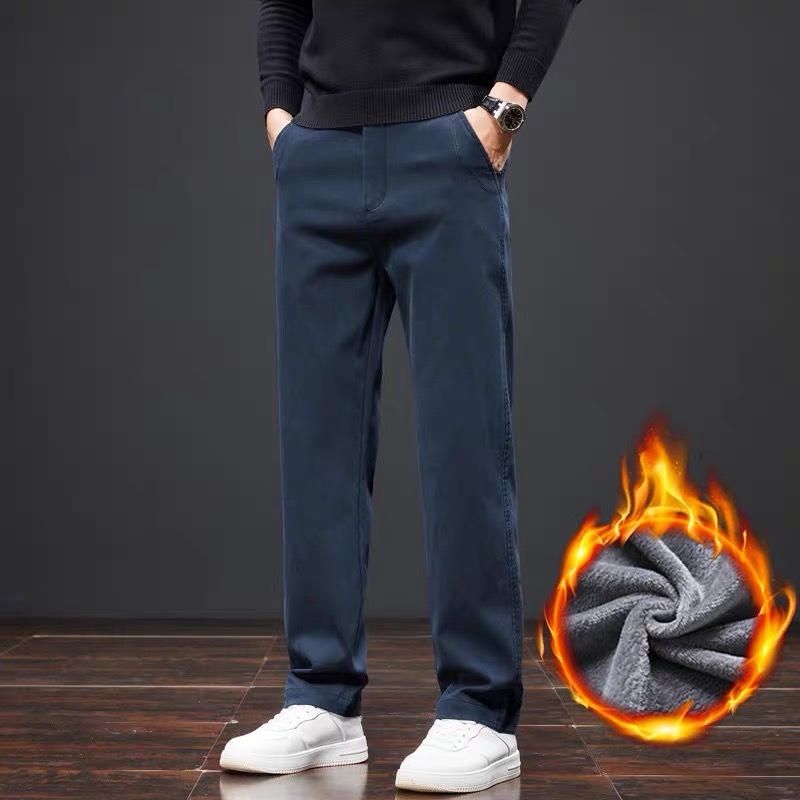 Muške casual hlače s ravnim krojem, zimska flis podstava, Lyocell 90% tkanina, elastičan materijal, srednji pojas, zip.