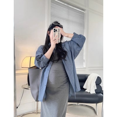 Rasedate suvine komplekt – triibuline puuvillane topp ja midi seelik, kaheosaline komplekt