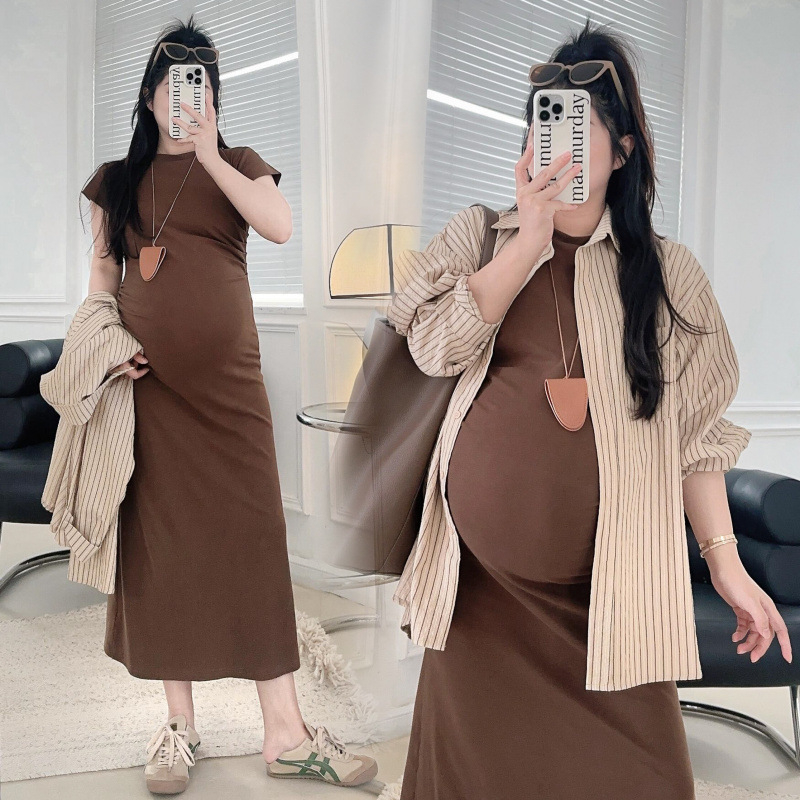 Rasedate suvine komplekt – triibuline puuvillane topp ja midi seelik, kaheosaline komplekt