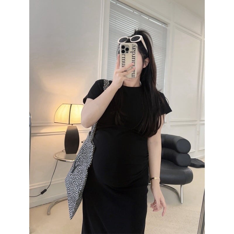 Rasedate suvine komplekt – triibuline puuvillane topp ja midi seelik, kaheosaline komplekt