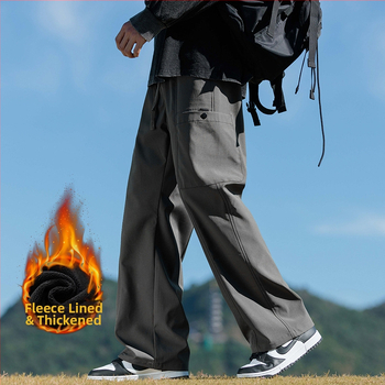 Meeste cargo püksid fleece-vooderdusega, sirge lõige, keskmine vöökoht, nooruslik linnal stiil, pikad püksid